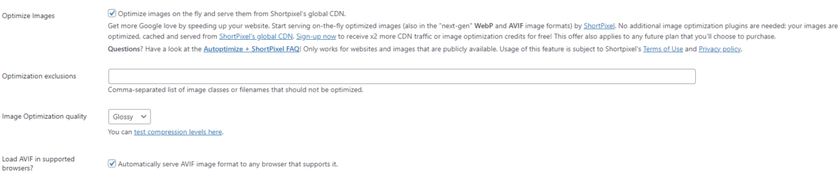 Autoptimize WordPress plugin image optimization settings form