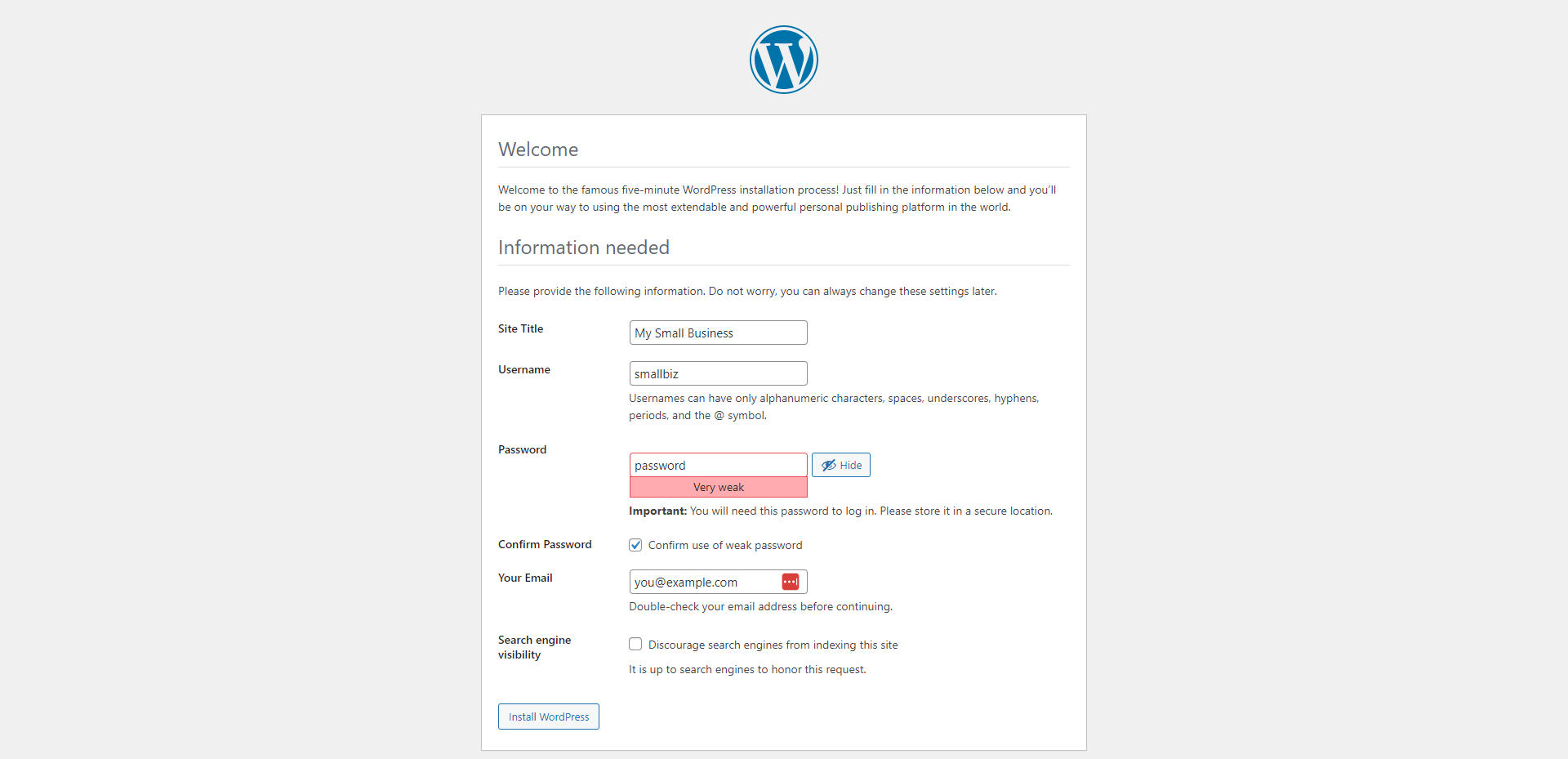 Install WordPress Website Info Step