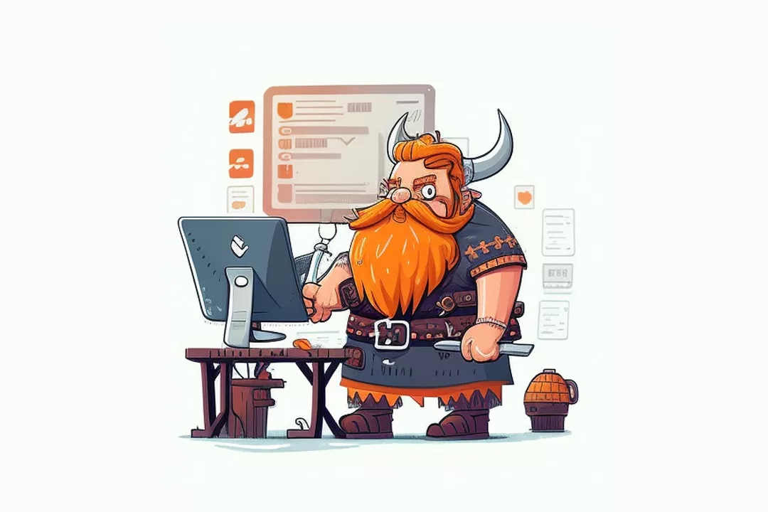 Red bearded viking standing at a computer writing code