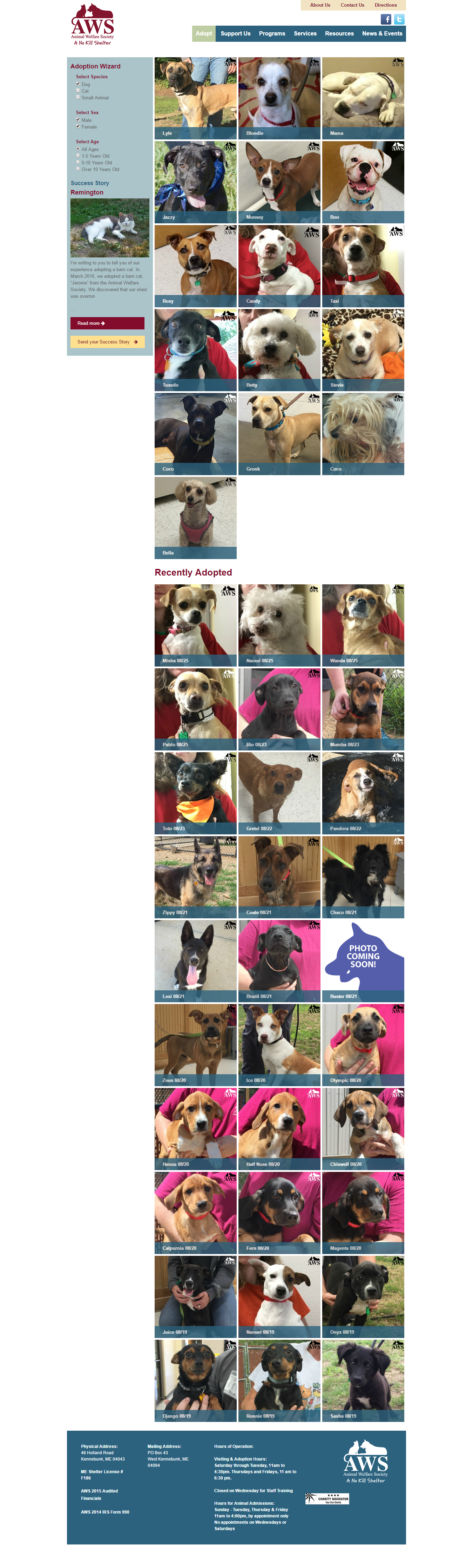Animal Welfare Society of Kennebunk, Maine pet adoption page